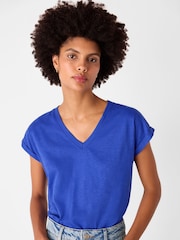 Whistles Blue 100% Cotton Willa V-Neck Cap Sleeve T-Shirt - Image 1 of 5