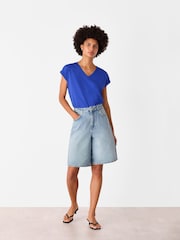 Whistles Blue 100% Cotton Willa V-Neck Cap Sleeve T-Shirt - Image 3 of 5
