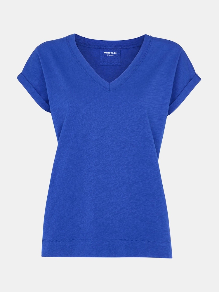 Whistles Blue 100% Cotton Willa V-Neck Cap Sleeve T-Shirt - Image 5 of 5
