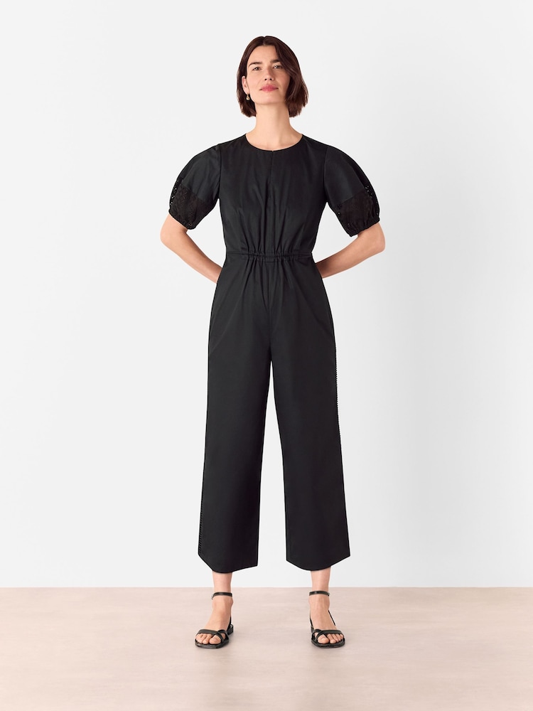 Whistles Black 100% Cotton Broderie Poplin Jumpsuit - Image 1 of 5