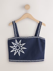 Navy Blue/White Embroidered Sun Wide Strap Top - Image 6 of 8
