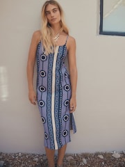 Marineblauw met grafische print - Halflange zomerslipdress - Afbeelding 1 van 9
