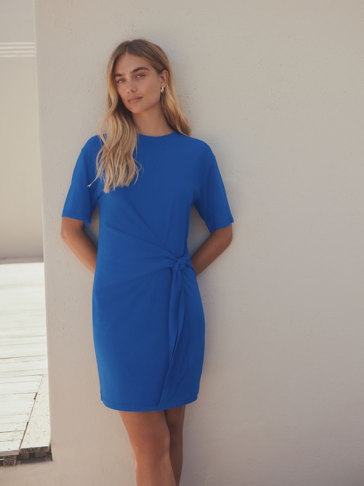 Cobalt Blue Tie Waist Mini T-Shirt Dress - Image 2 of 7