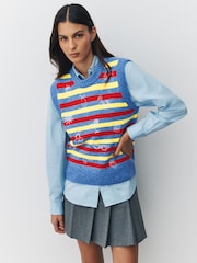 Blue Multi Stripe Embroidery Sleeveless Knitted Tank With Wool - Image 1 of 7