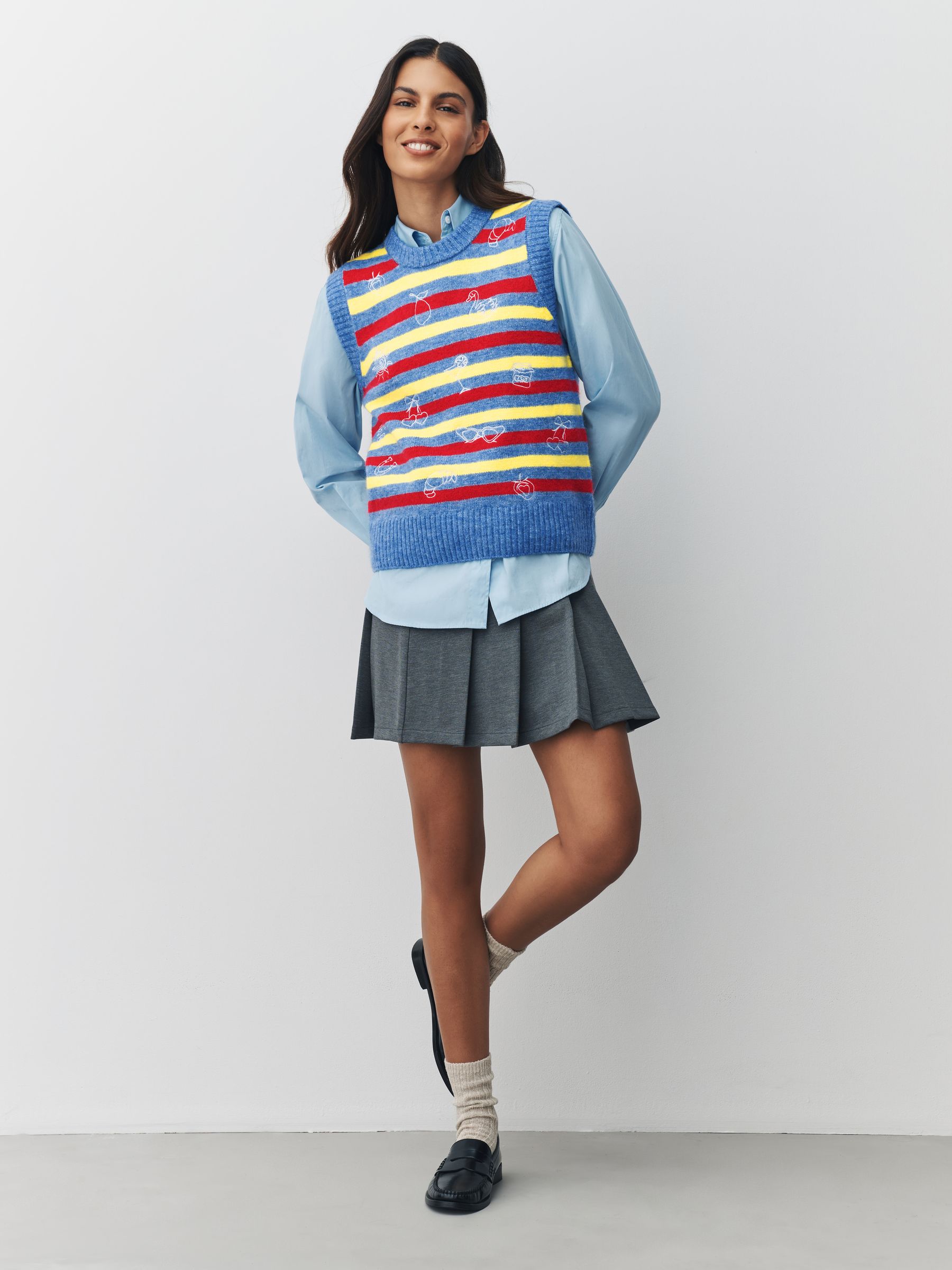 Buy Blue Multi Stripe Embroidery Sleeveless Knitted Tank With Wool Buy Blue Multi Stripe Embroidery Sleeveless Knitted Tank With Wool