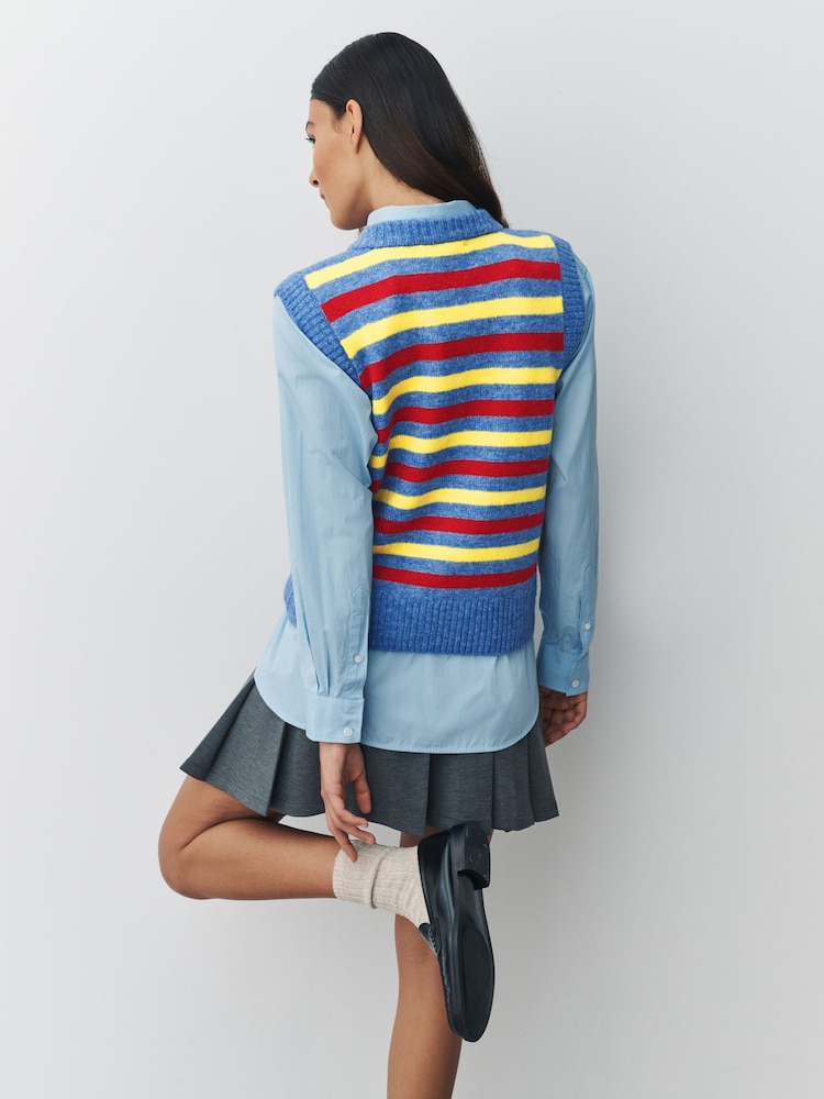 Blue Multi Stripe Embroidery Sleeveless Knitted Tank With Wool - Image 2 of 7 Blue Multi Stripe Embroidery Sleeveless Knitted Tank With Wool - Image 2 of 7