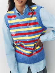 Blue Multi Stripe Embroidery Sleeveless Knitted Tank With Wool - Image 3 of 7