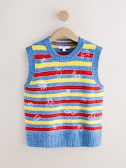 Blue Multi Stripe Embroidery Sleeveless Knitted Tank With Wool - Image 5 of 7