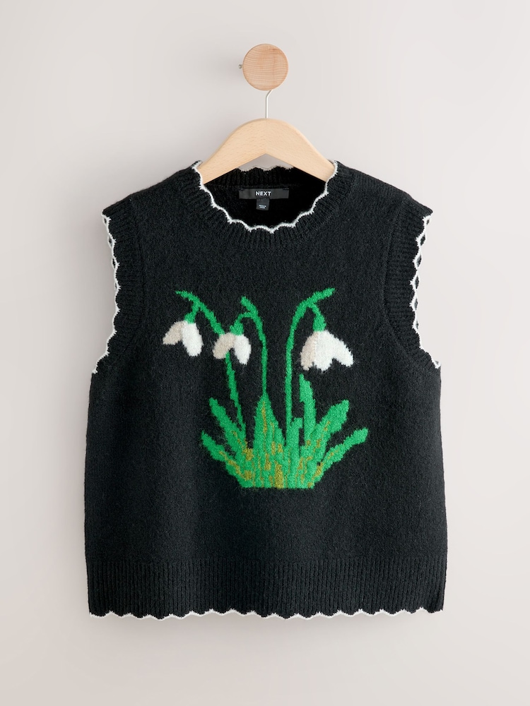 Black Floral Graphic Sleeveless Knitted Tank With Wool - Image 1 of 3