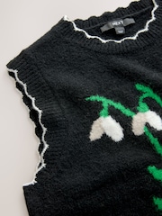Black Floral Graphic Sleeveless Knitted Tank With Wool - Image 3 of 3