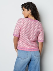 Pink/White Short Sleeve Stitch Knitted T-Shirt With Wool - Image 4 of 8