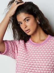 Pink/White Short Sleeve Stitch Knitted T-Shirt With Wool - Image 5 of 8