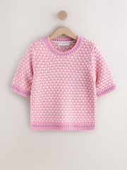 Pink/White Short Sleeve Stitch Knitted T-Shirt With Wool - Image 6 of 8