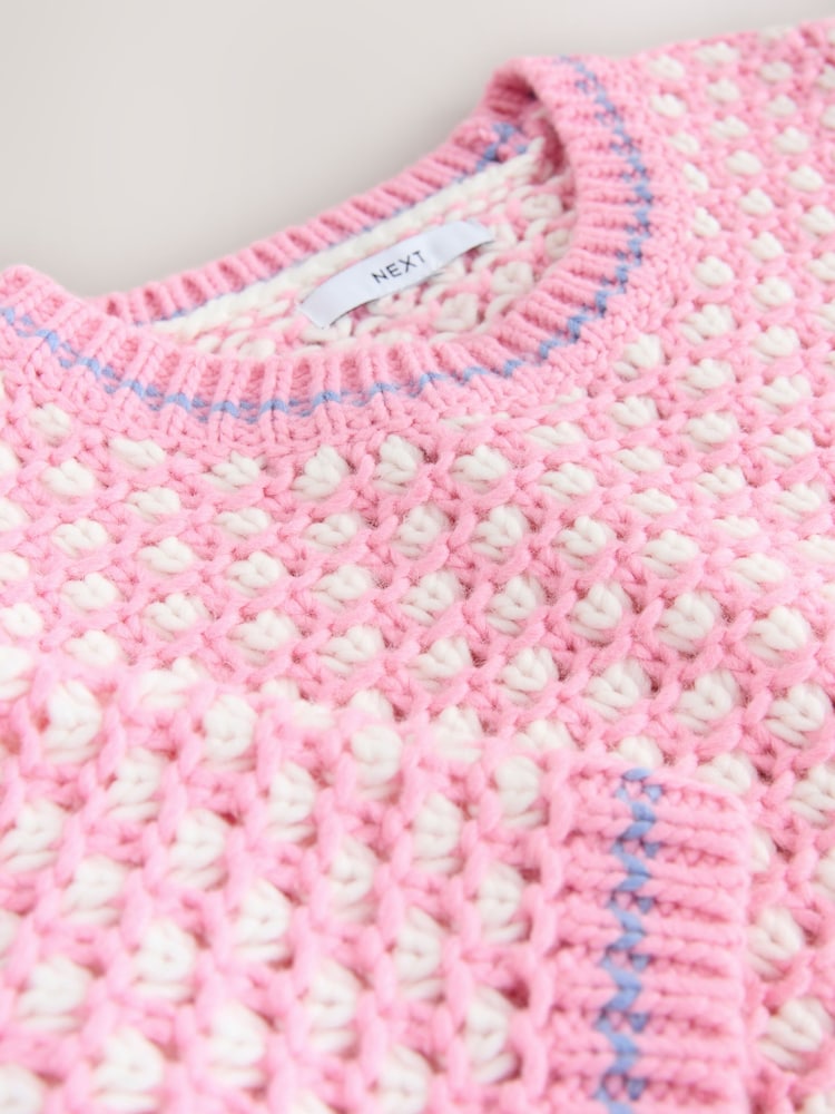 Pink/White Short Sleeve Stitch Knitted T-Shirt With Wool - Image 8 of 8