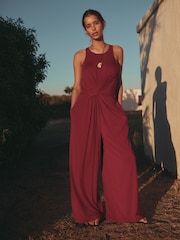 Burgundy Red Twist Waist Jersey Jumpsuit - Image 2 of 9