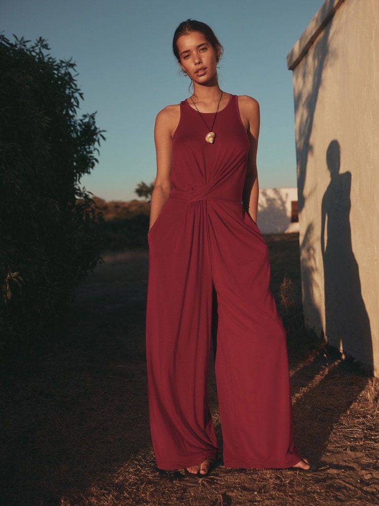 Burgundy Red Twist Waist Jersey Jumpsuit - Image 2 of 9