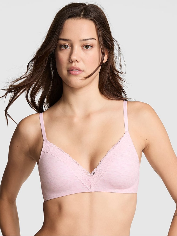 Victoria's Secret PINK Petal Pink Non Wired Lightly Lined Cotton Heather Lace Trim Bra - Image 1 of 2 Victoria's Secret PINK Petal Pink Non Wired Lightly Lined Cotton Heather Lace Trim Bra - Image 1 of 2