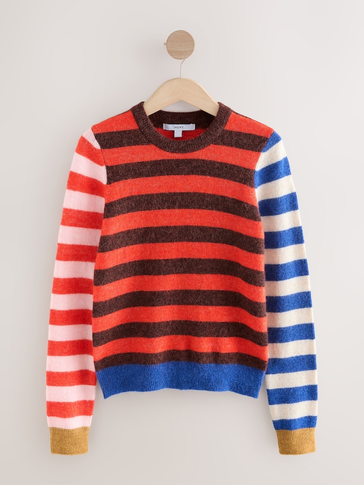 Multi Red/Blue Stripe Wool Blend Crew Neck Jumper - Image 1 of 3 Multi Red/Blue Stripe Wool Blend Crew Neck Jumper - Image 1 of 3