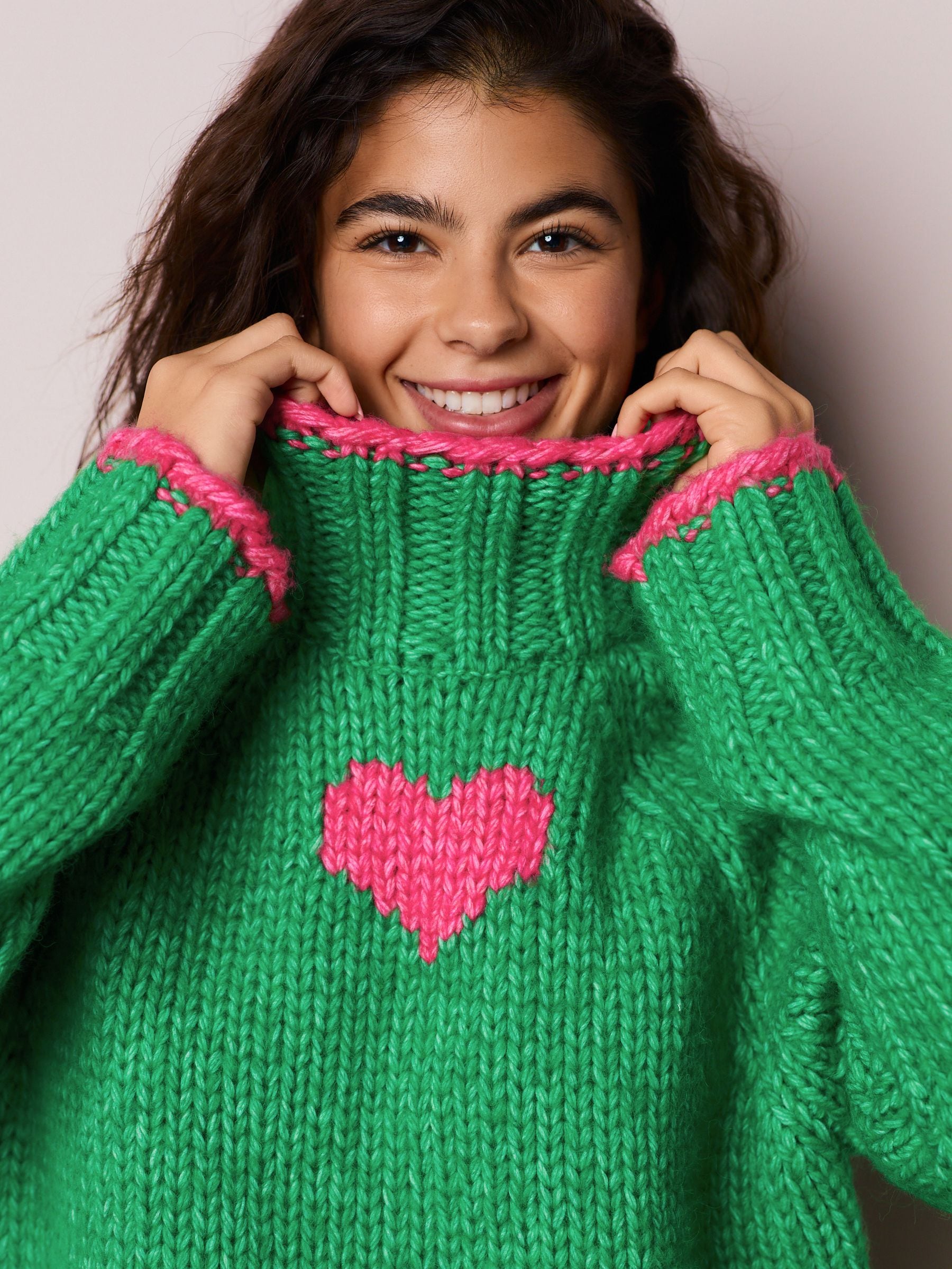 Buy Green/Pink Heart Chunky Knit Stand Neck Jumper With Wool from