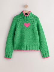 Zelena/rožnata srce - Debel pleten pulover s stoječim ovratnikom iz volne - Slika 1 iz 3