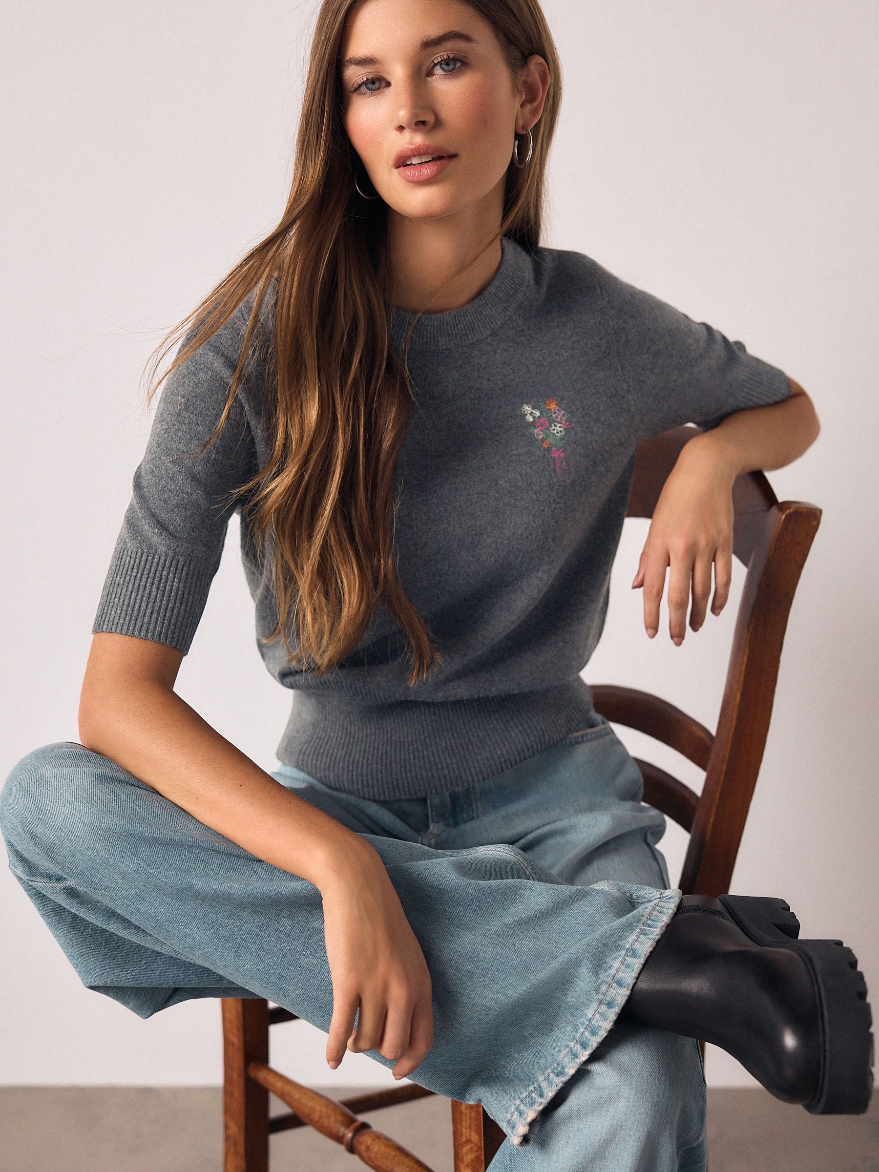 Buy Charcoal Grey Floral Embroidery Supersoft Short Sleeve Knitted