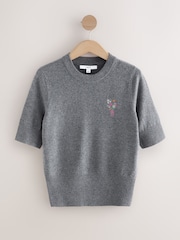 Charcoal Grey Floral Embroidery Supersoft Short Sleeve Knitted Top - Image 1 of 3