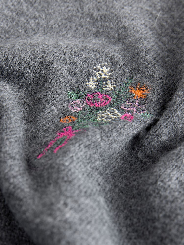 Charcoal Grey Floral Embroidery Supersoft Short Sleeve Knitted Top - Image 2 of 3 Charcoal Grey Floral Embroidery Supersoft Short Sleeve Knitted Top - Image 2 of 3