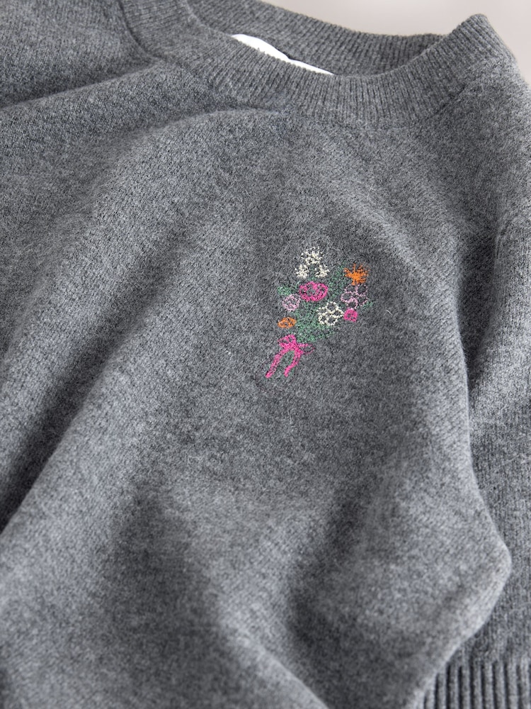 Charcoal Grey Floral Embroidery Supersoft Short Sleeve Knitted Top - Image 3 of 3 Charcoal Grey Floral Embroidery Supersoft Short Sleeve Knitted Top - Image 3 of 3
