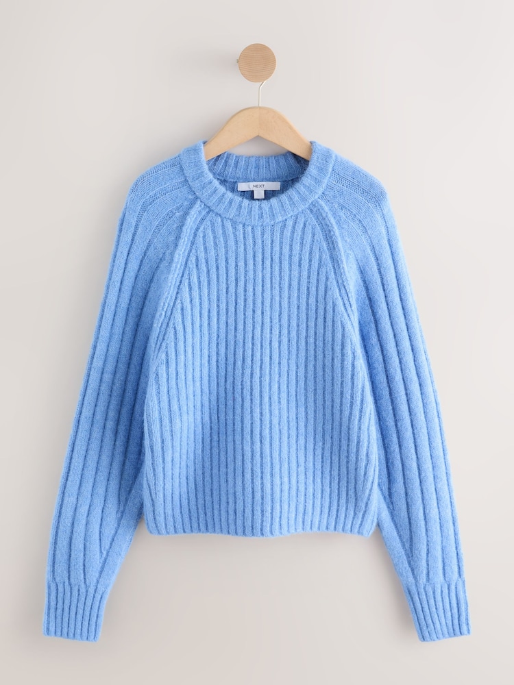 Blue Wool Blend Chunky Rib Crew Neck Jumper - Image 1 of 3 Blue Wool Blend Chunky Rib Crew Neck Jumper - Image 1 of 3