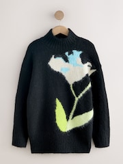 Negro - Floral Graphic Print Stand Neck Jumper With Wool - Imagen 1 de 3