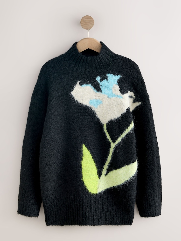 Black Floral Graphic Print Stand Neck Jumper With Wool - Image 1 of 3 Black Floral Graphic Print Stand Neck Jumper With Wool - Image 1 of 3
