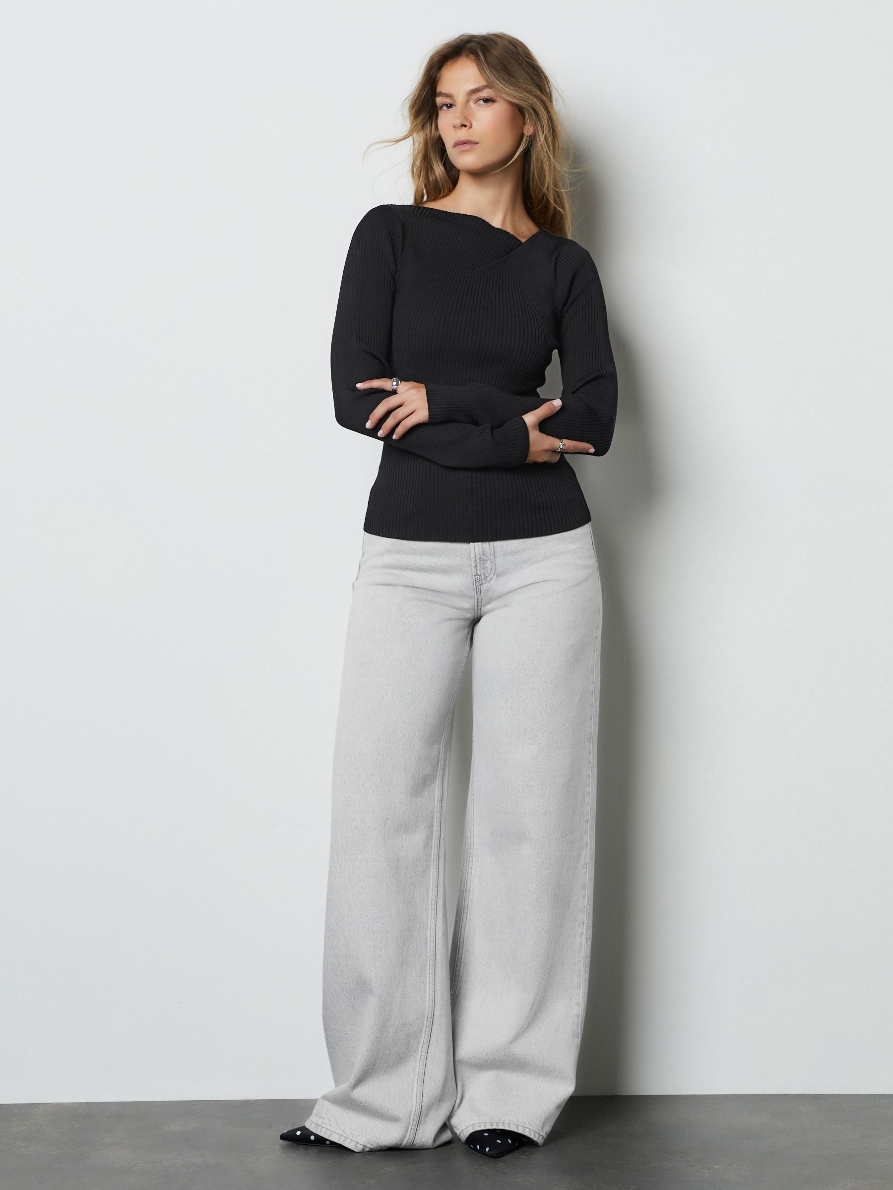 Buy Black Ribbed Asymmetric Neckline Knitted Top from Next Romania