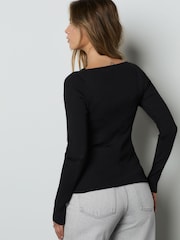 Black Ribbed Asymmetric Neckline Knitted Top - Image 4 of 8