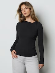 Black Ribbed Asymmetric Neckline Knitted Top - Image 5 of 8
