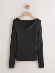 Black Ribbed Asymmetric Neckline Knitted Top - Image 6 of 8