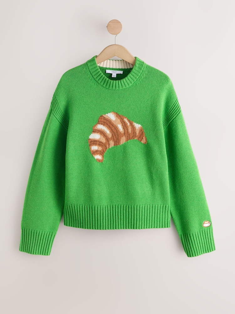 Green Croissant Graphic Wool Blend Crew Neck Jumper - Image 1 of 3
