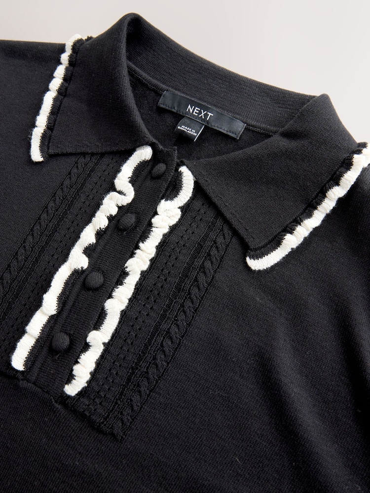 Black Tipped Soft Touch Cotton Rich Frill Polo Top - Image 2 of 3 Black Tipped Soft Touch Cotton Rich Frill Polo Top - Image 2 of 3