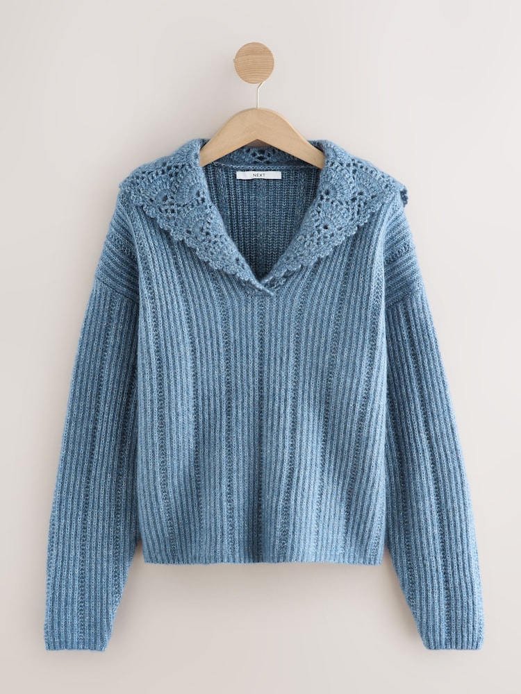 Chambray Blue Ribbed Knit Jumper With Crochet Sailor Collar - Image 1 of 3 Chambray Blue Ribbed Knit Jumper With Crochet Sailor Collar - Image 1 of 3