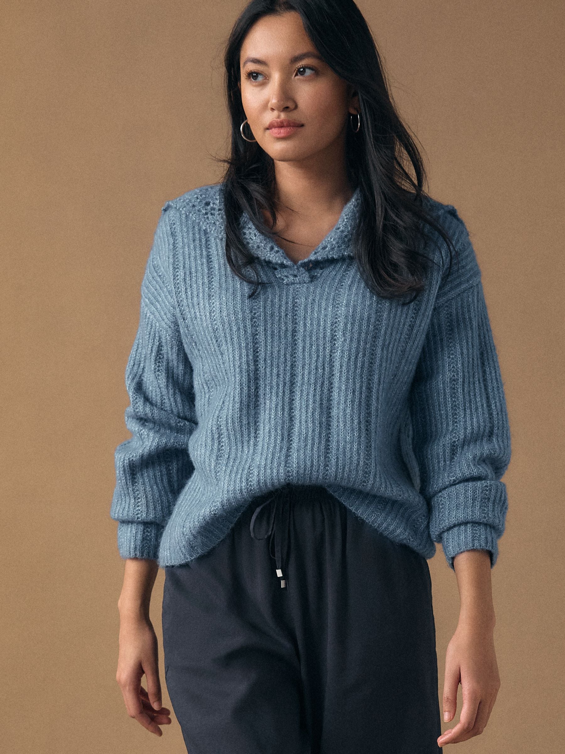 Buy Chambray Blue Ribbed Knit Jumper With Crochet Sailor Collar