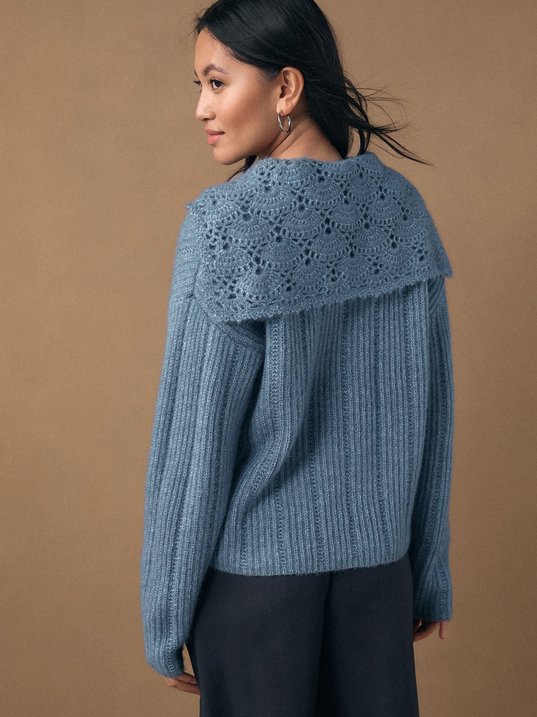 Buy Chambray Blue Ribbed Knit Jumper With Crochet Sailor Collar
