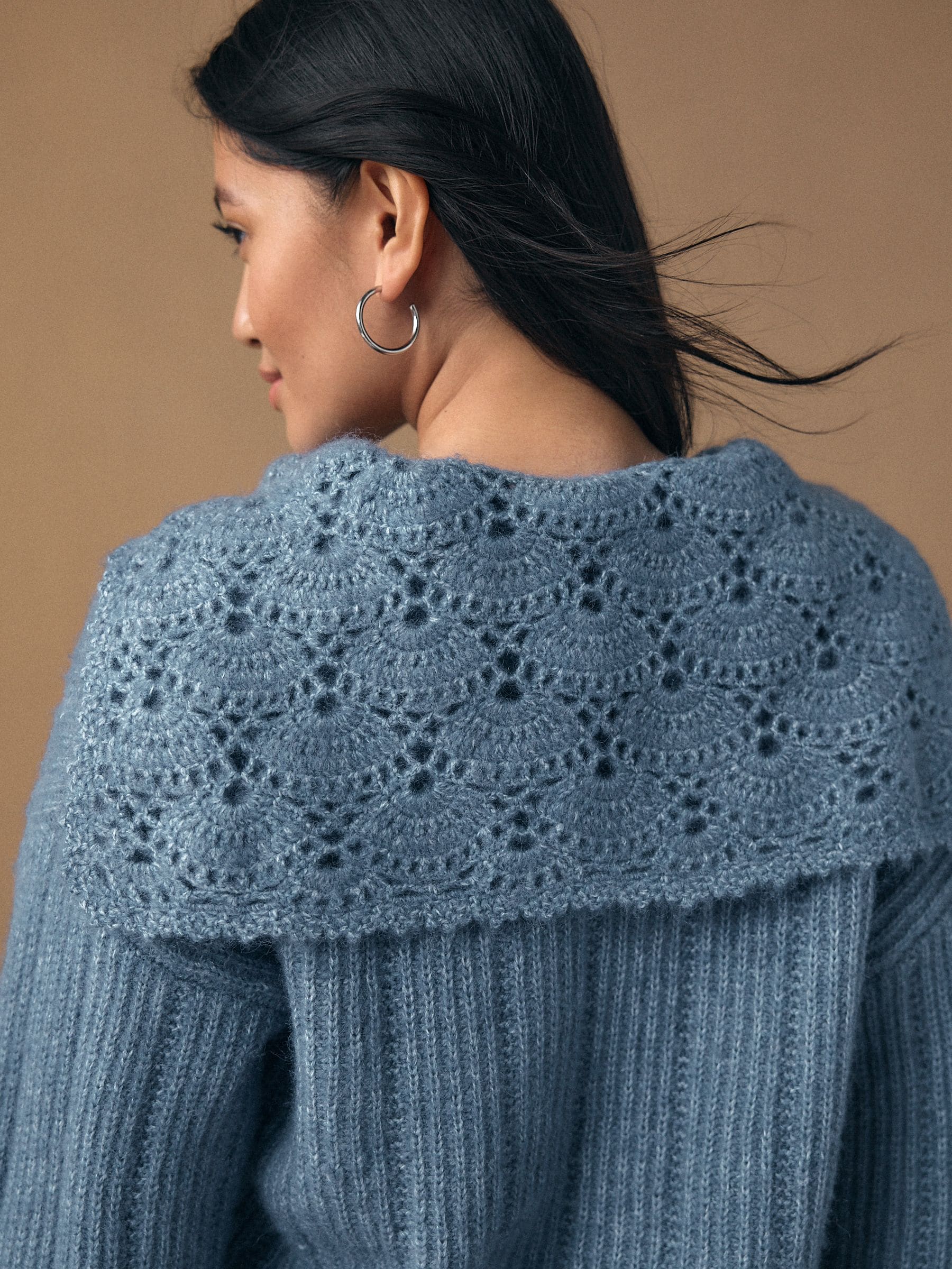 Buy Chambray Blue Ribbed Knit Jumper With Crochet Sailor Collar