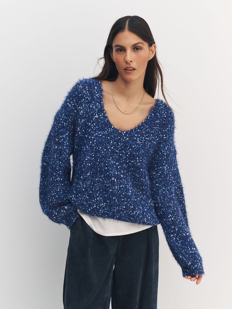 Navy Blue Neppy Fuzzy Texture V-Neck Knitted Jumper - Image 2 of 8 Navy Blue Neppy Fuzzy Texture V-Neck Knitted Jumper - Image 2 of 8