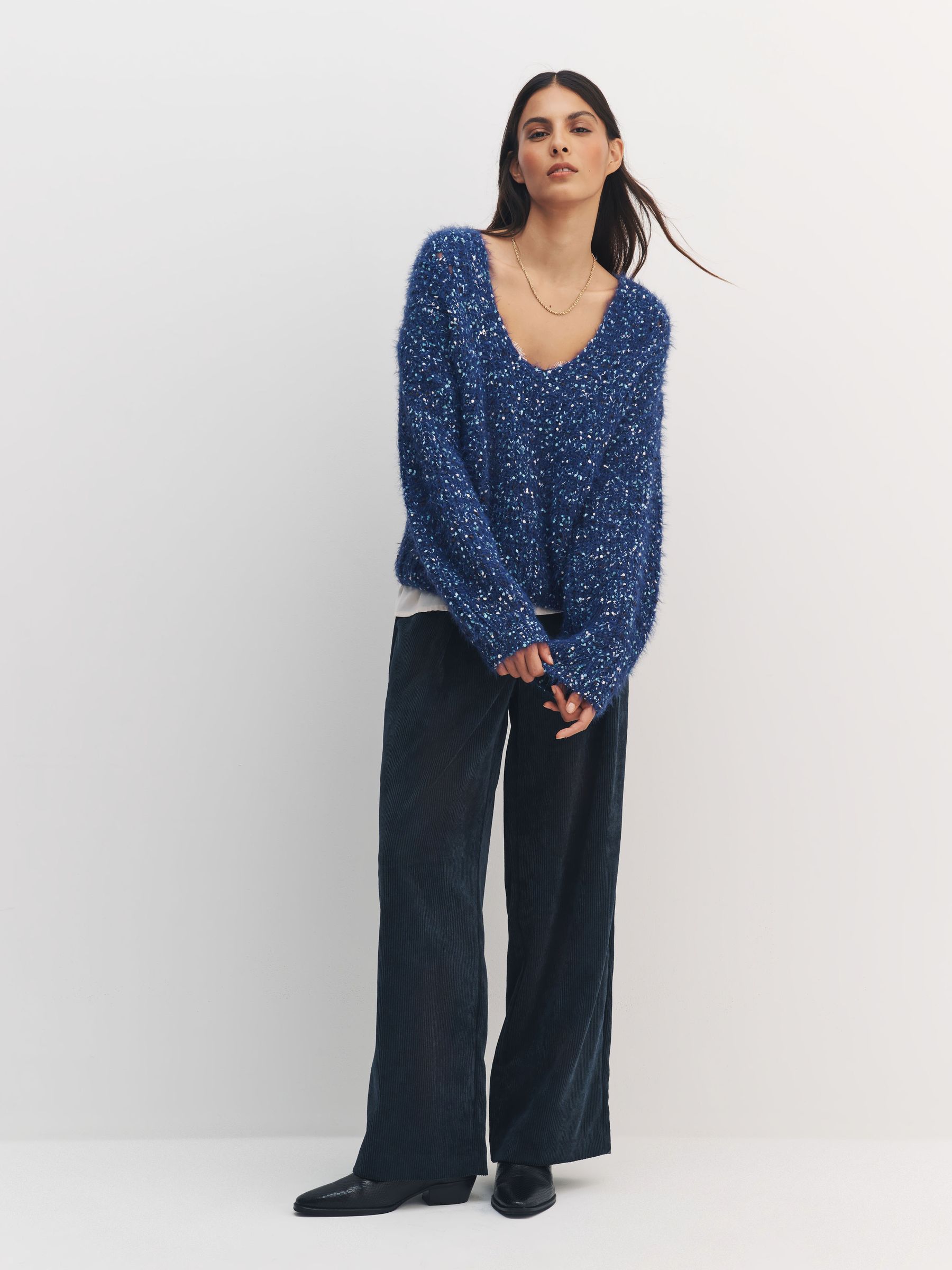 Buy Navy Blue Neppy Fuzzy Texture V-Neck Knitted Jumper from Next