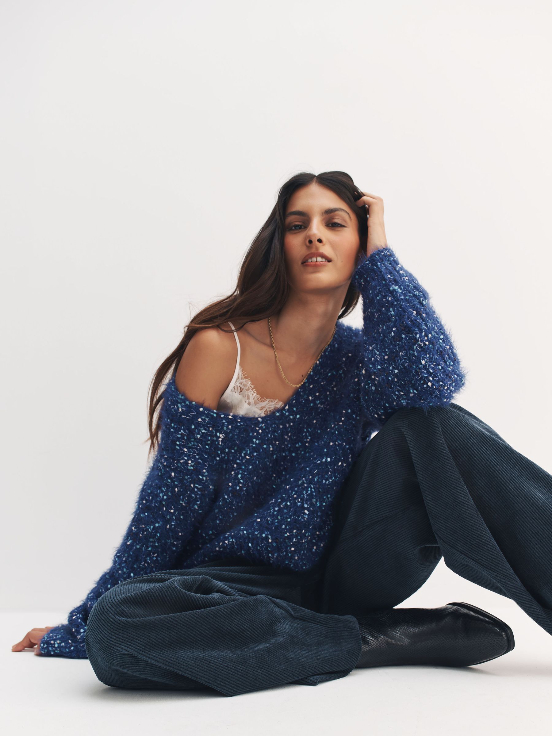 Buy Navy Blue Neppy Fuzzy Texture V-Neck Knitted Jumper from Next