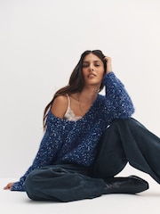 Navy Blue Neppy Fuzzy Texture V-Neck Knitted Jumper - Image 4 of 8