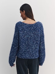 Navy Blue Neppy Fuzzy Texture V-Neck Knitted Jumper - Image 5 of 8