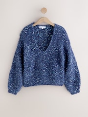 Navy Blue Neppy Fuzzy Texture V-Neck Knitted Jumper - Image 6 of 8