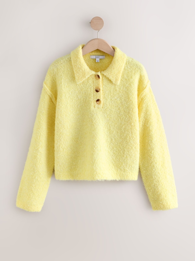 Yellow Boucle Long Sleeve Polo Jumper - Image 1 of 3 Yellow Boucle Long Sleeve Polo Jumper - Image 1 of 3