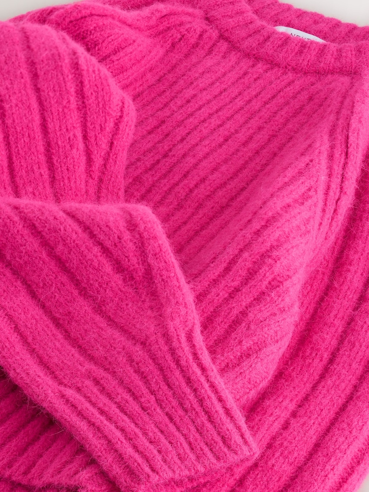 Bright Pink Wool Blend Chunky Rib Crew Neck Jumper - Image 3 of 3 Bright Pink Wool Blend Chunky Rib Crew Neck Jumper - Image 3 of 3