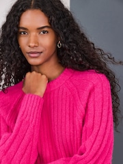 Bright Pink Wool Blend Chunky Rib Crew Neck Jumper - Image 4 of 7